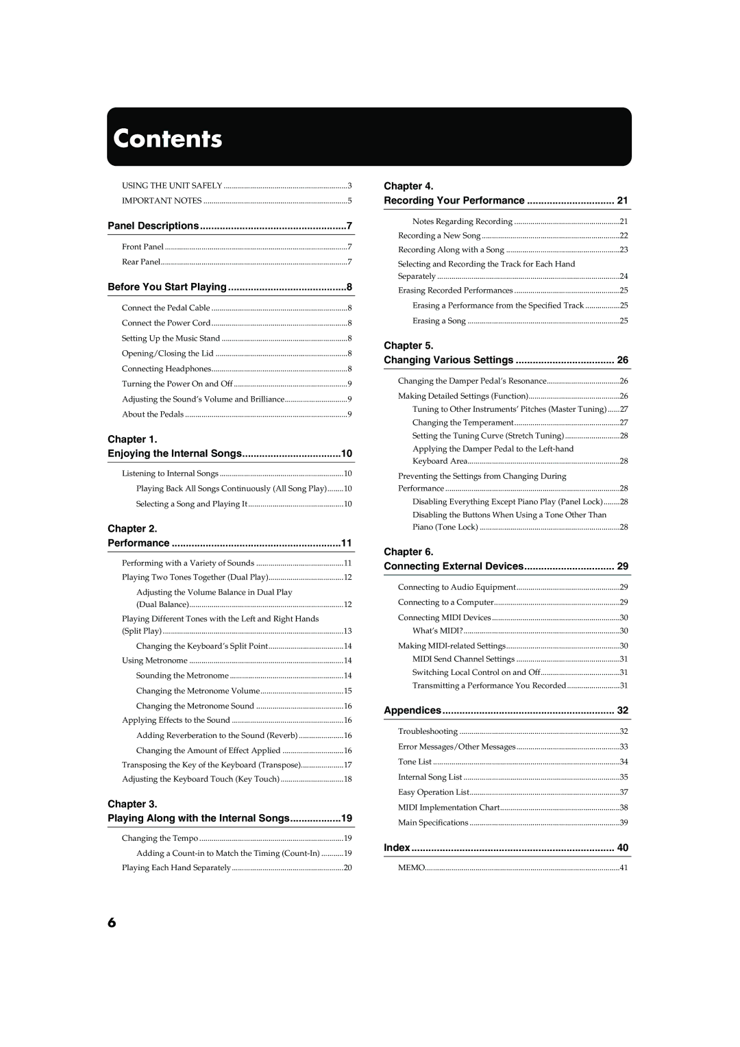 Roland MP-60 owner manual Contents 