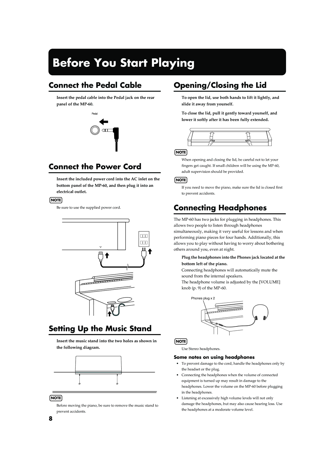 Roland MP-60 owner manual Before You Start Playing, Connect the Pedal Cable Opening/Closing the Lid, Connect the Power Cord 