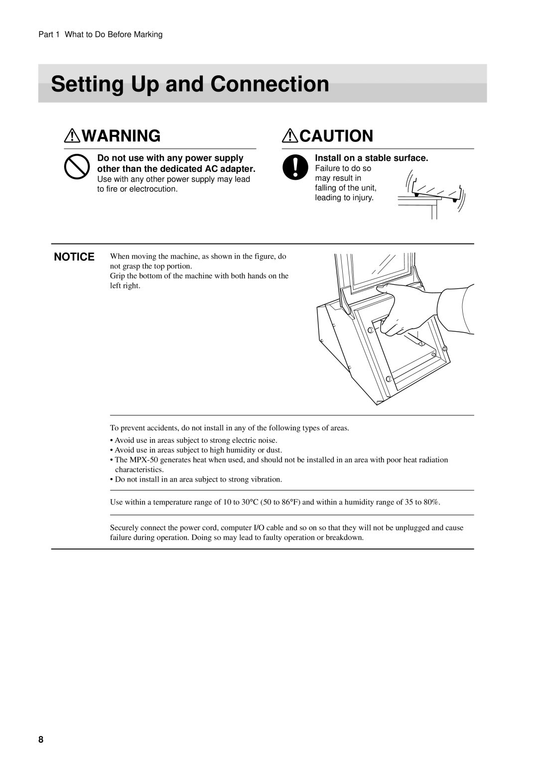 Roland MPX-50 user manual Setting Up and Connection, Install on a stable surface 