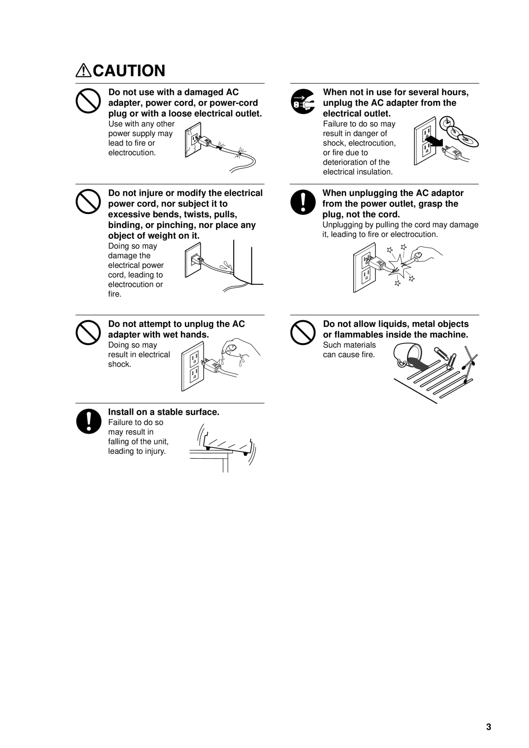 Roland MPX-50 user manual Do not attempt to unplug the AC adapter with wet hands, Install on a stable surface 