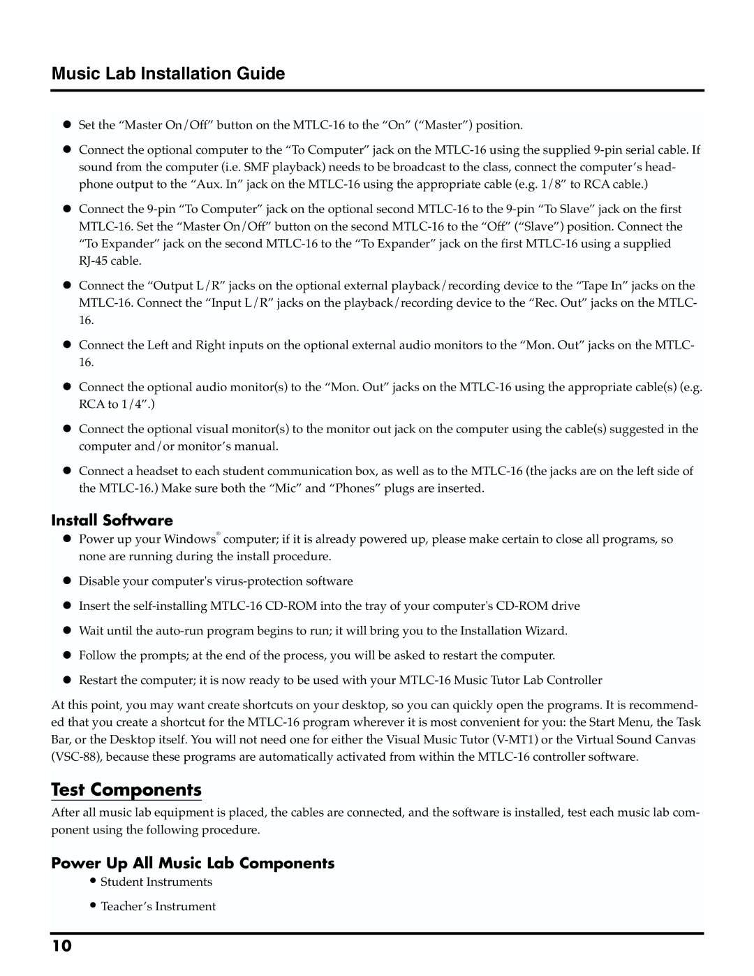 Roland MTLC-16 Music Lab Installation Guide, Test Components, Install Software, Power Up All Music Lab Components 