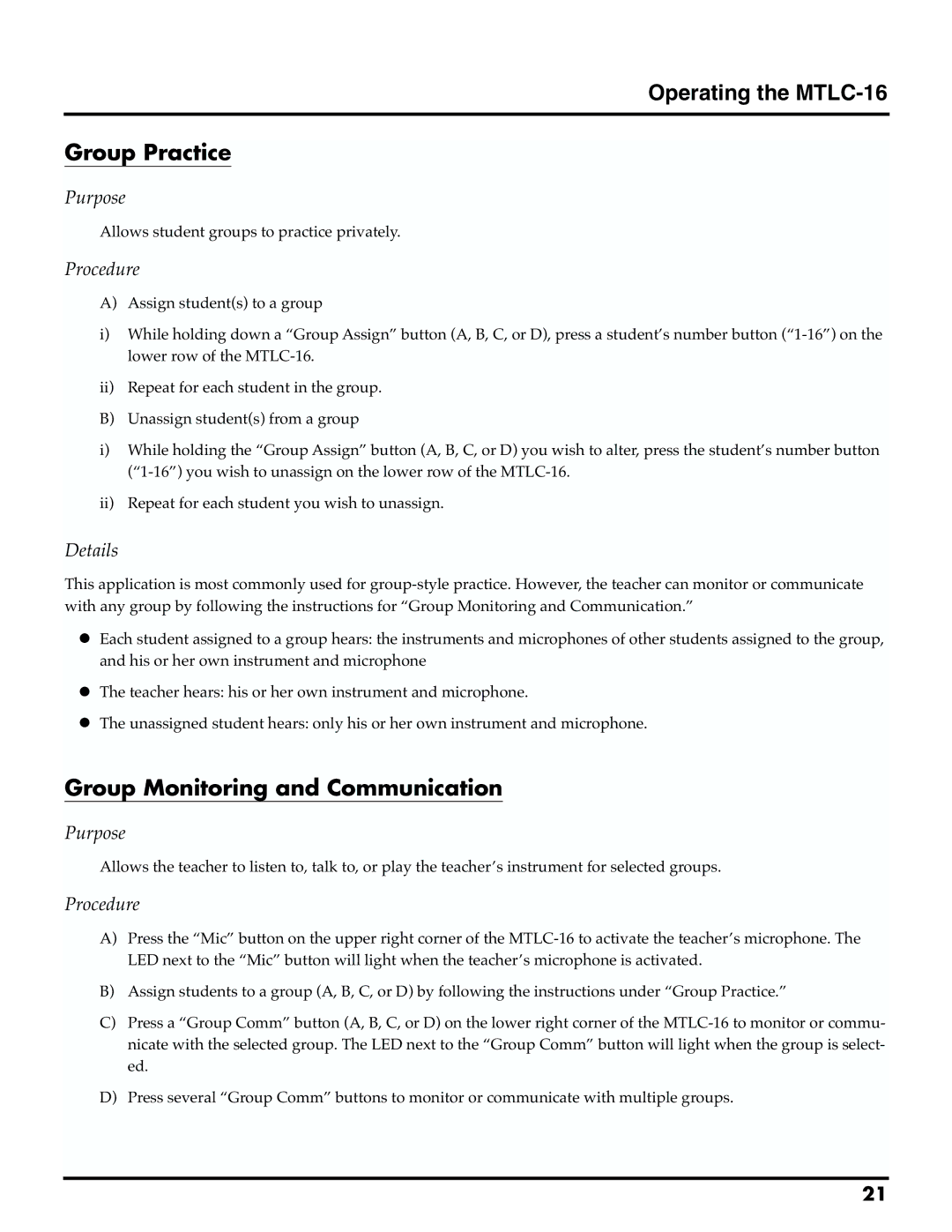 Roland owner manual Operating the MTLC-16 Group Practice, Group Monitoring and Communication 