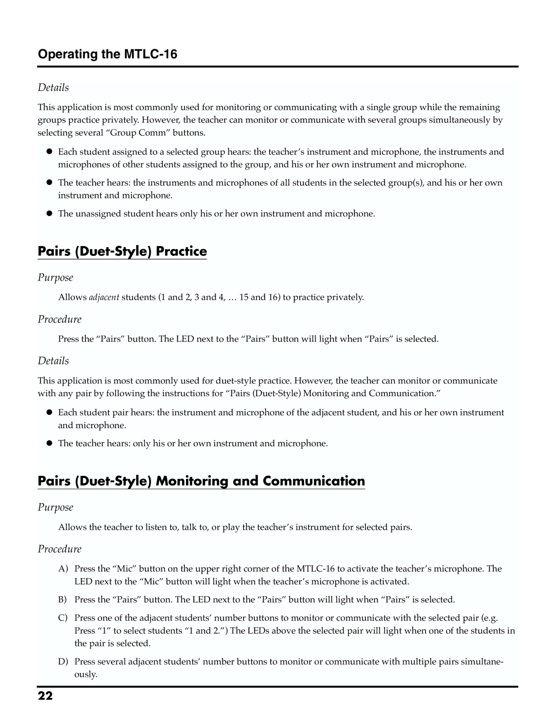 Roland owner manual Operating the MTLC-16, Pairs Duet-Style Practice, Pairs Duet-Style Monitoring and Communication 