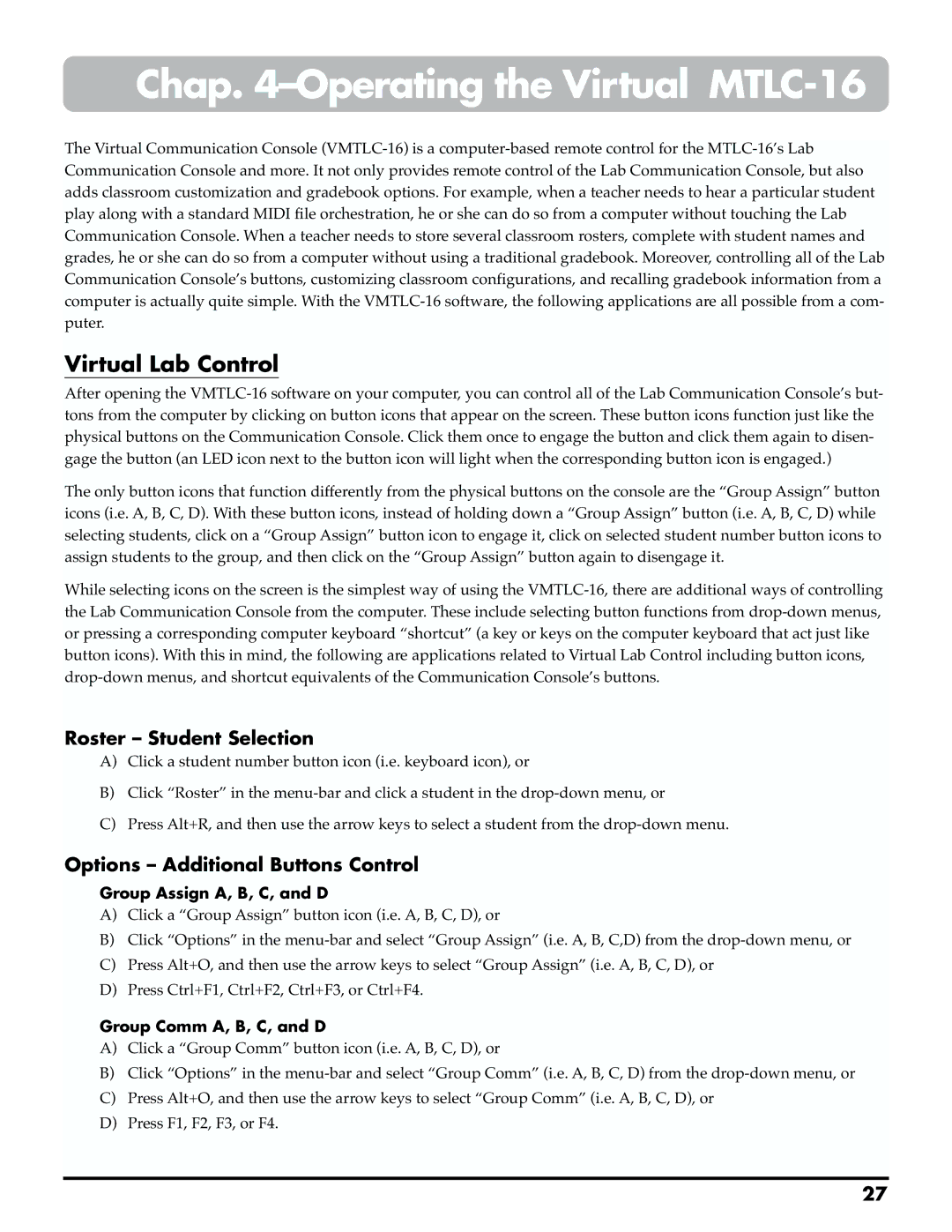 Roland owner manual Chap -Operating the Virtual MTLC-16, Virtual Lab Control, Roster Student Selection 