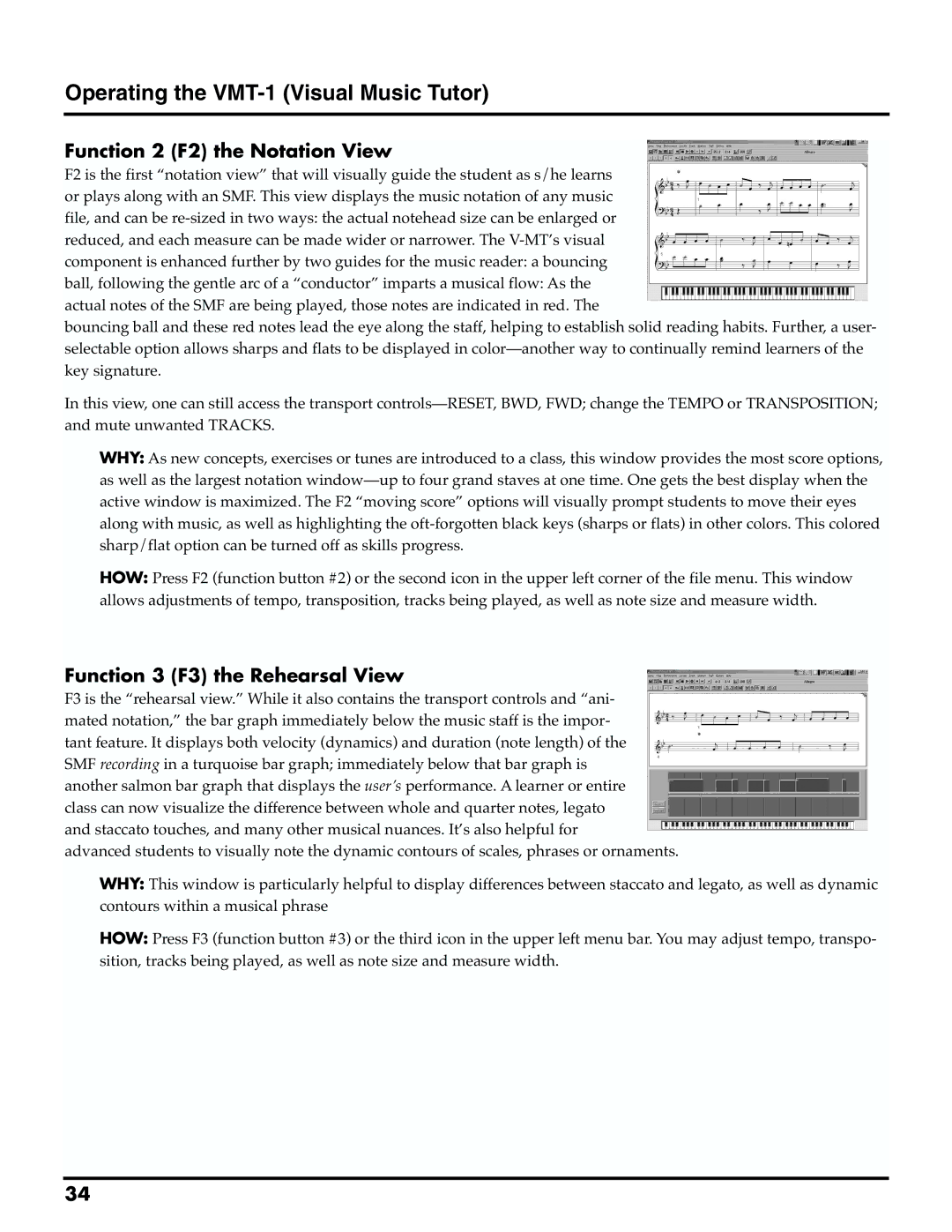 Roland MTLC-16 Operating the VMT-1 Visual Music Tutor, Function 2 F2 the Notation View, Function 3 F3 the Rehearsal View 