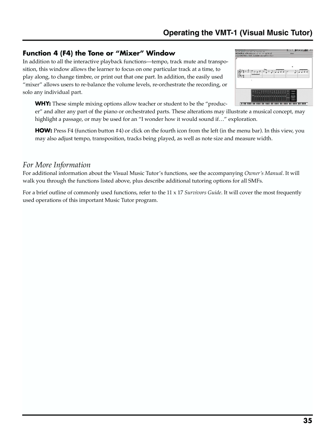 Roland MTLC-16 owner manual For More Information, Function 4 F4 the Tone or Mixer Window 