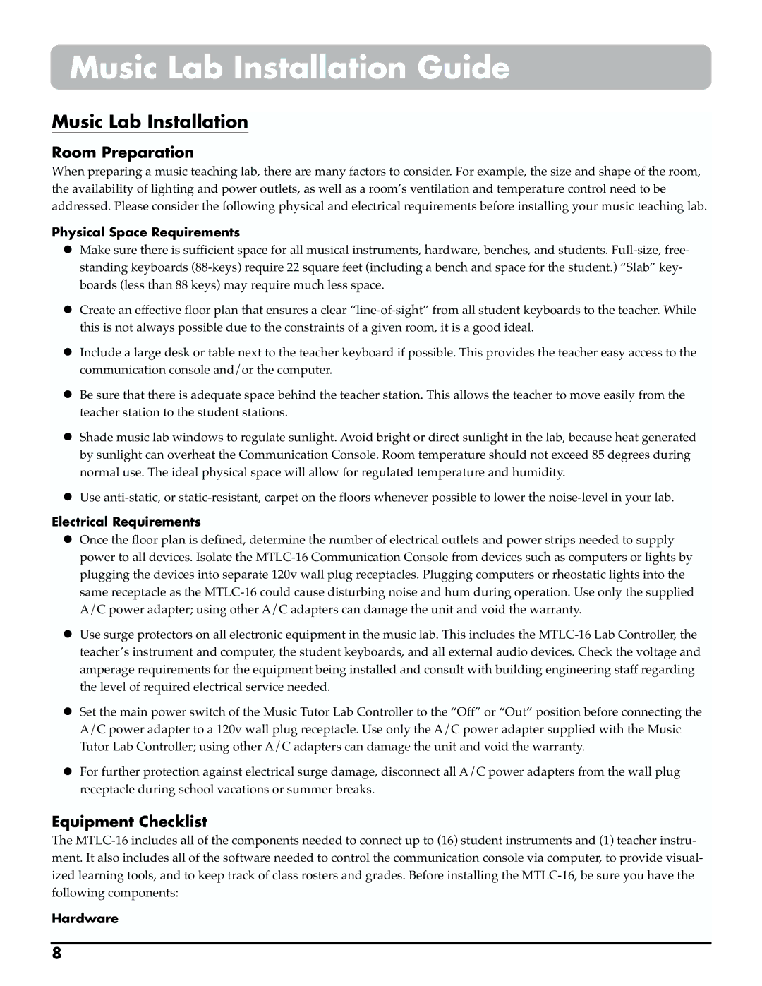 Roland MTLC-16 owner manual Music Lab Installation Guide, Room Preparation, Equipment Checklist 