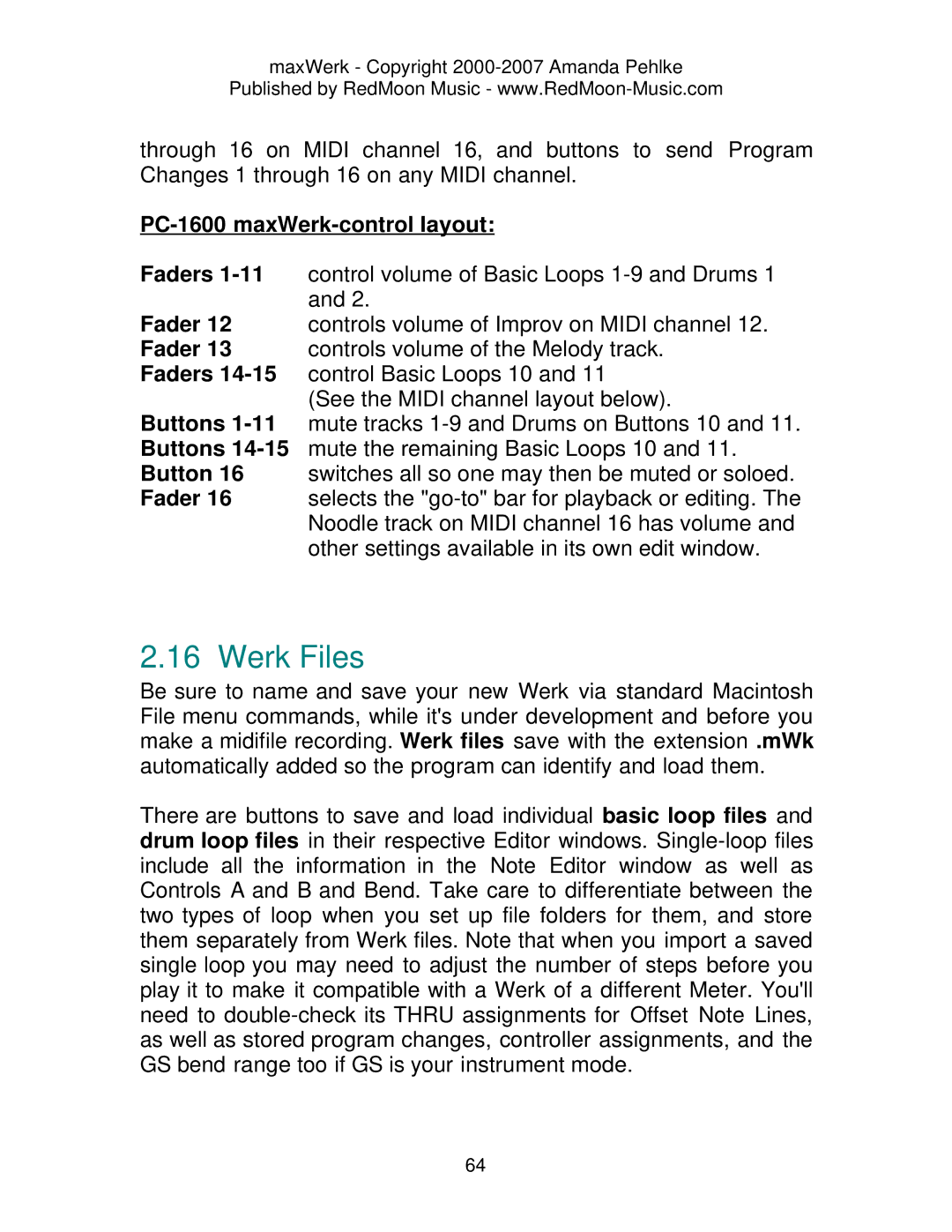 Roland Musical Instrument manual Werk Files, PC-1600 maxWerk-control layout 