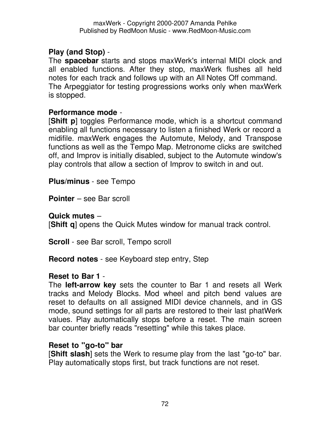 Roland Musical Instrument manual Play and Stop, Performance mode, Plus/minus see Tempo, Quick mutes, Reset to Bar 