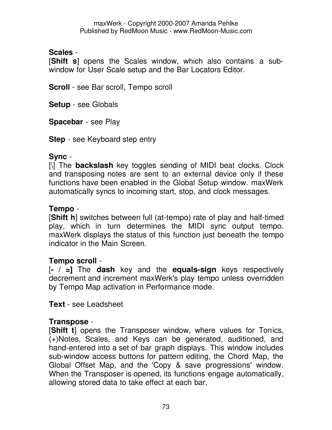 Roland Musical Instrument manual Scales, Sync, Tempo scroll, Transpose 