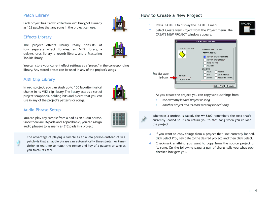 Roland MV-8800 manual How to Create a New Project, Patch Library, Effects Library, Midi Clip Library, Audio Phrase Setup 