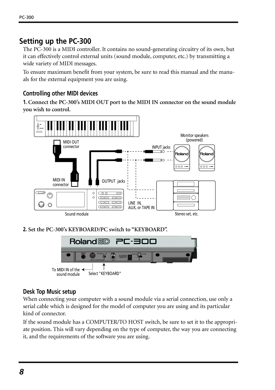 Roland owner manual Setting up the PC-300, Controlling other Midi devices, Desk Top Music setup 