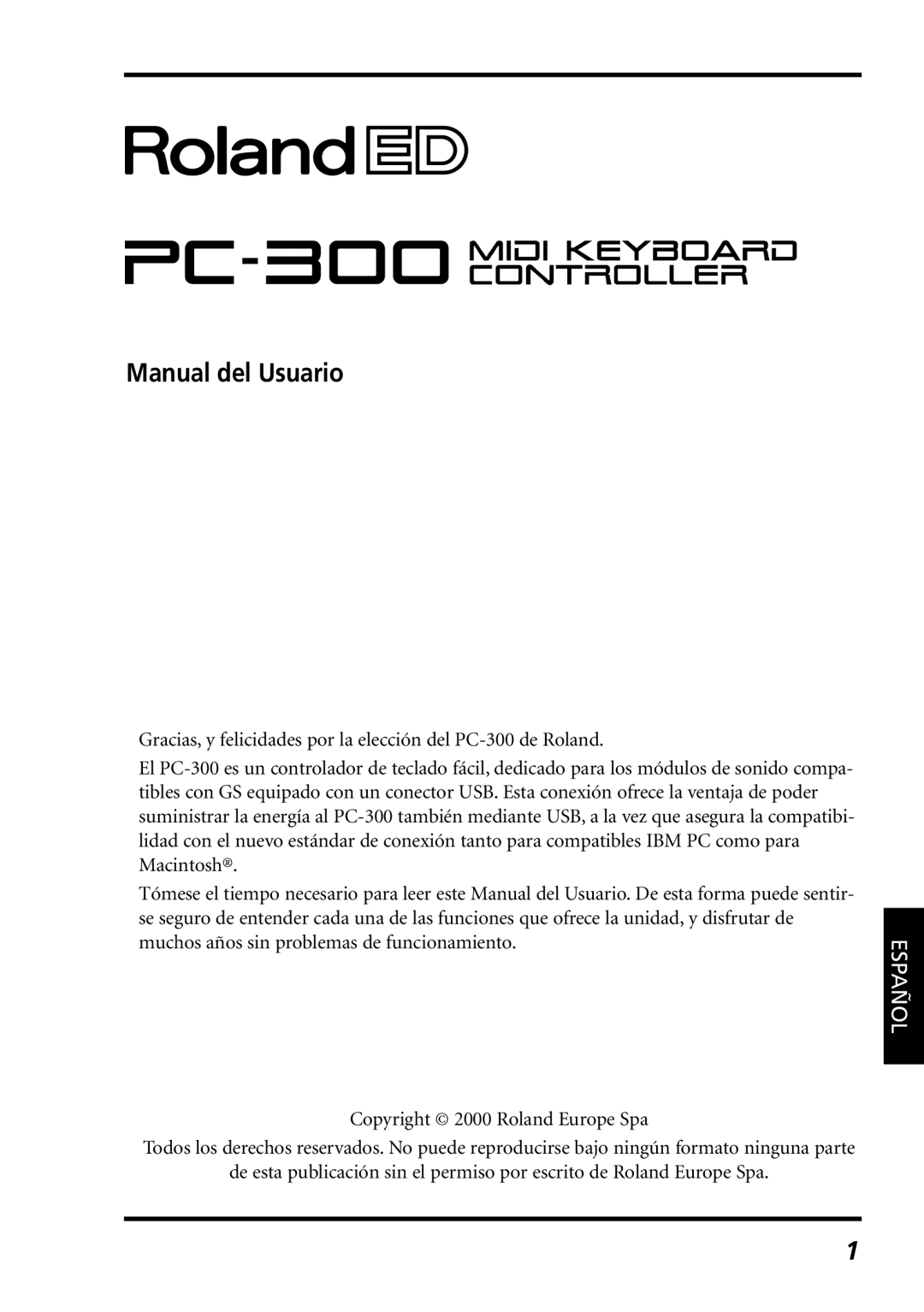 Roland PC-300 owner manual Manual del Usuario, Español 