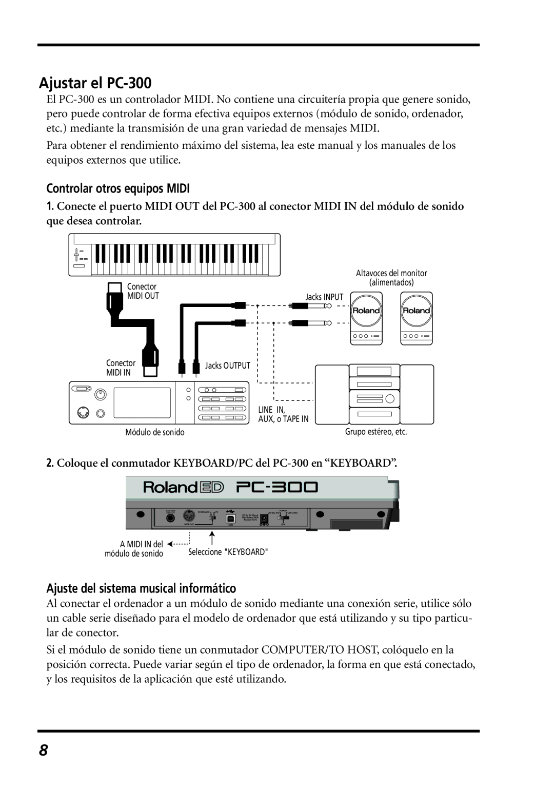 Roland owner manual Ajustar el PC-300, Controlar otros equipos Midi, Ajuste del sistema musical informático 