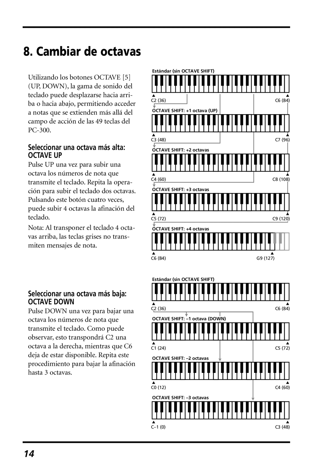 Roland PC-300 owner manual Seleccionar una octava más alta, Seleccionar una octava más baja 