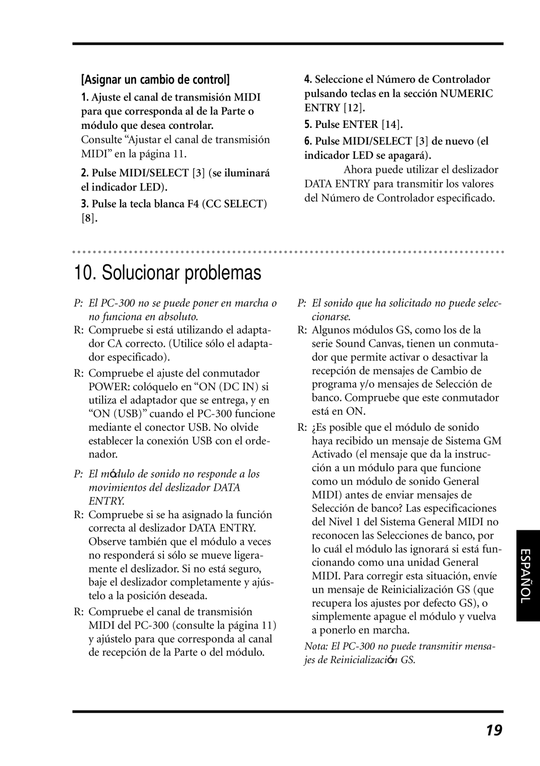 Roland PC-300 Solucionar problemas, Asignar un cambio de control, El sonido que ha solicitado no puede selec- cionarse 