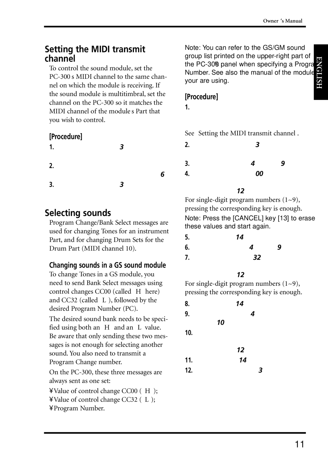 Roland PC-300 Setting the Midi transmit channel, Selecting sounds, Procedure, Changing sounds in a GS sound module 
