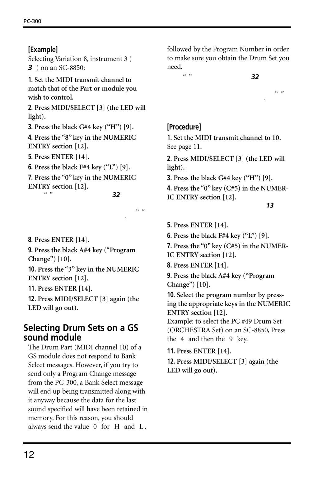 Roland PC-300 owner manual Selecting Drum Sets on a GS sound module, Example 