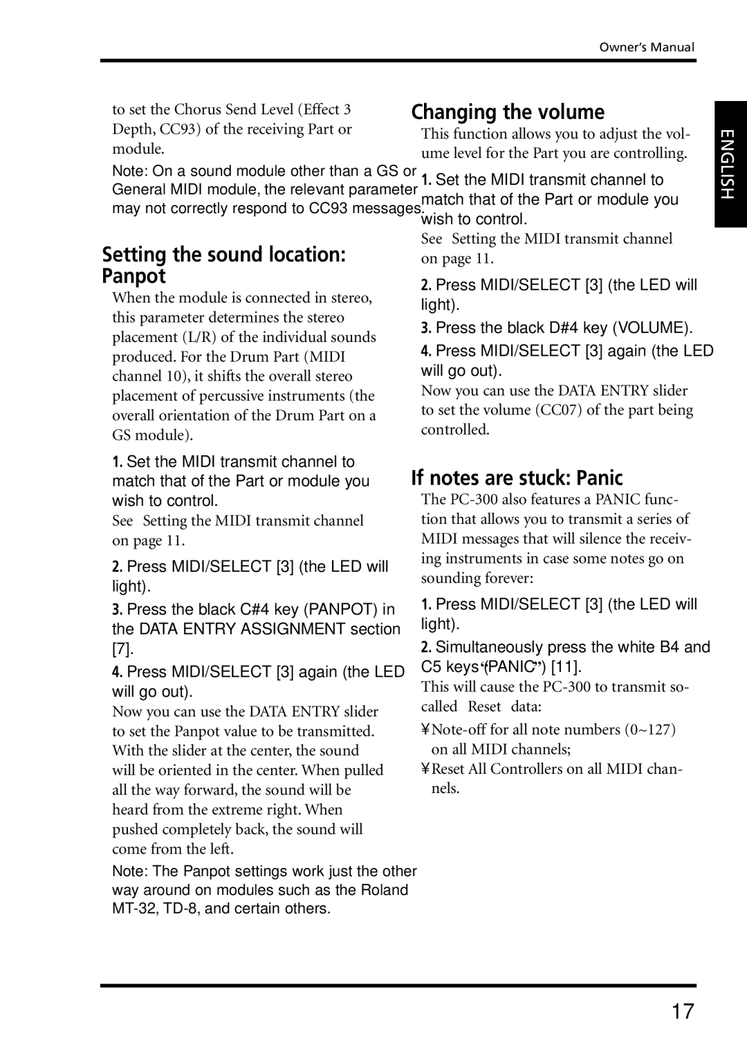 Roland PC-300 owner manual Setting the sound location Panpot, Changing the volume, If notes are stuck Panic 