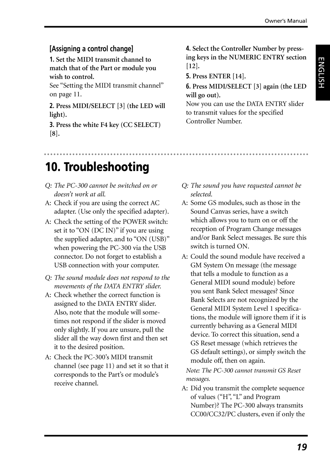 Roland owner manual Troubleshooting, Assigning a control change, PC-300 cannot be switched on or doesn’t work at all 