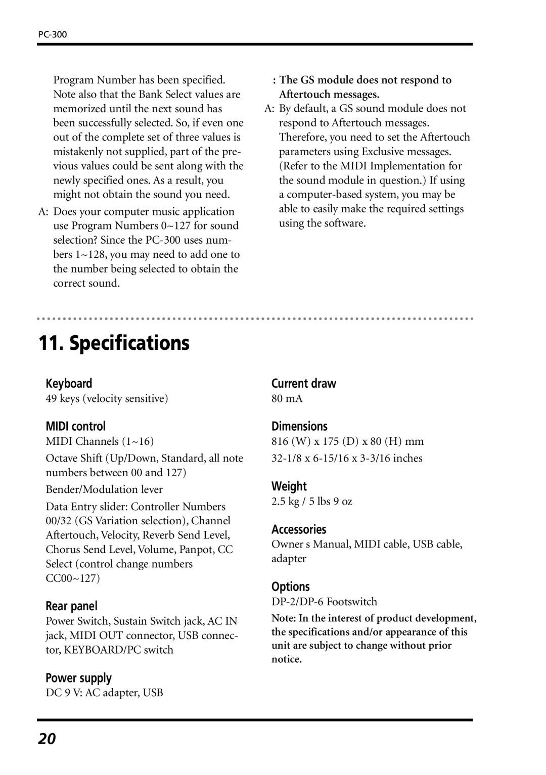 Roland PC-300 owner manual Specifications 