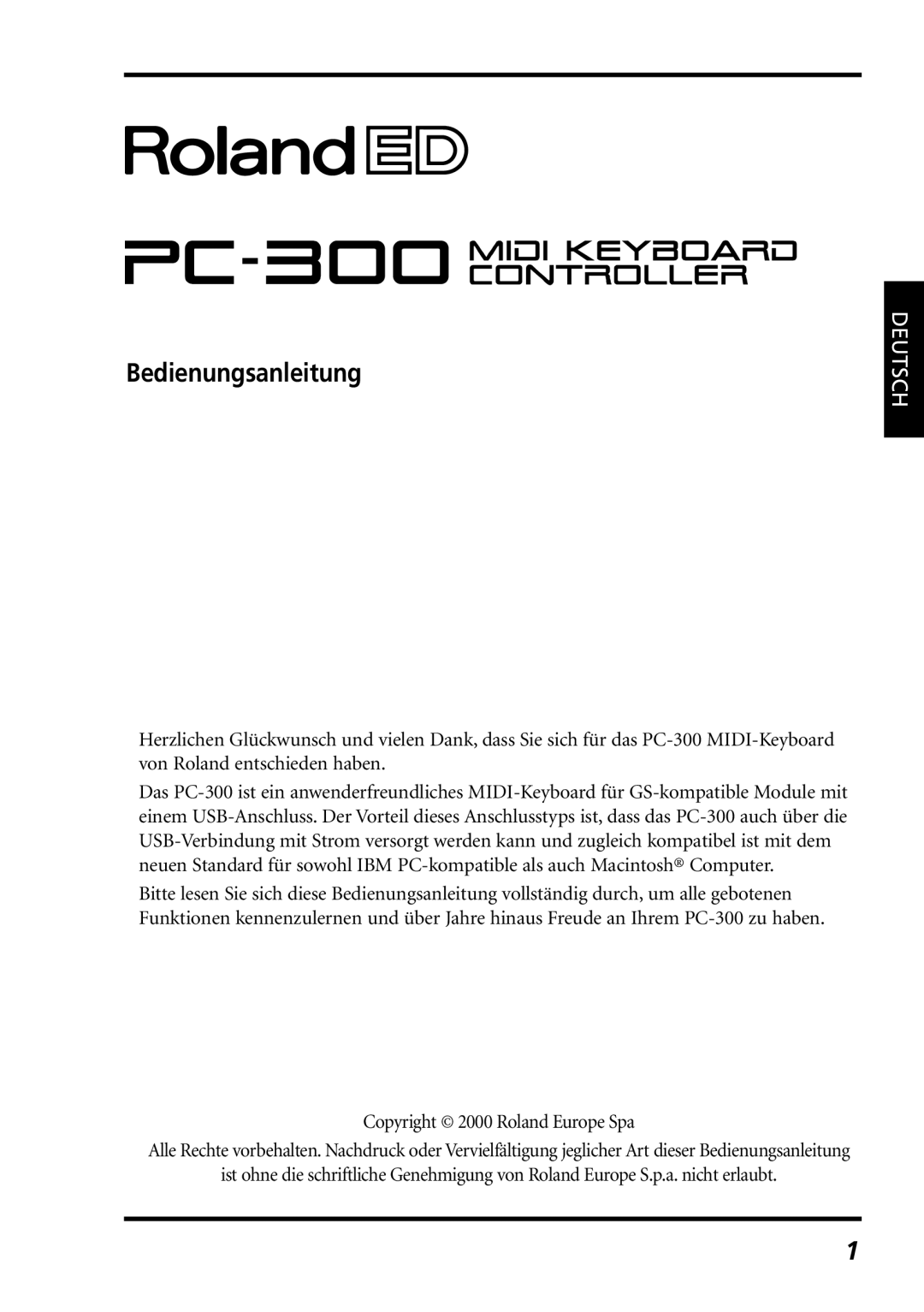 Roland PC-300 owner manual Bedienungsanleitung, Deutsch 