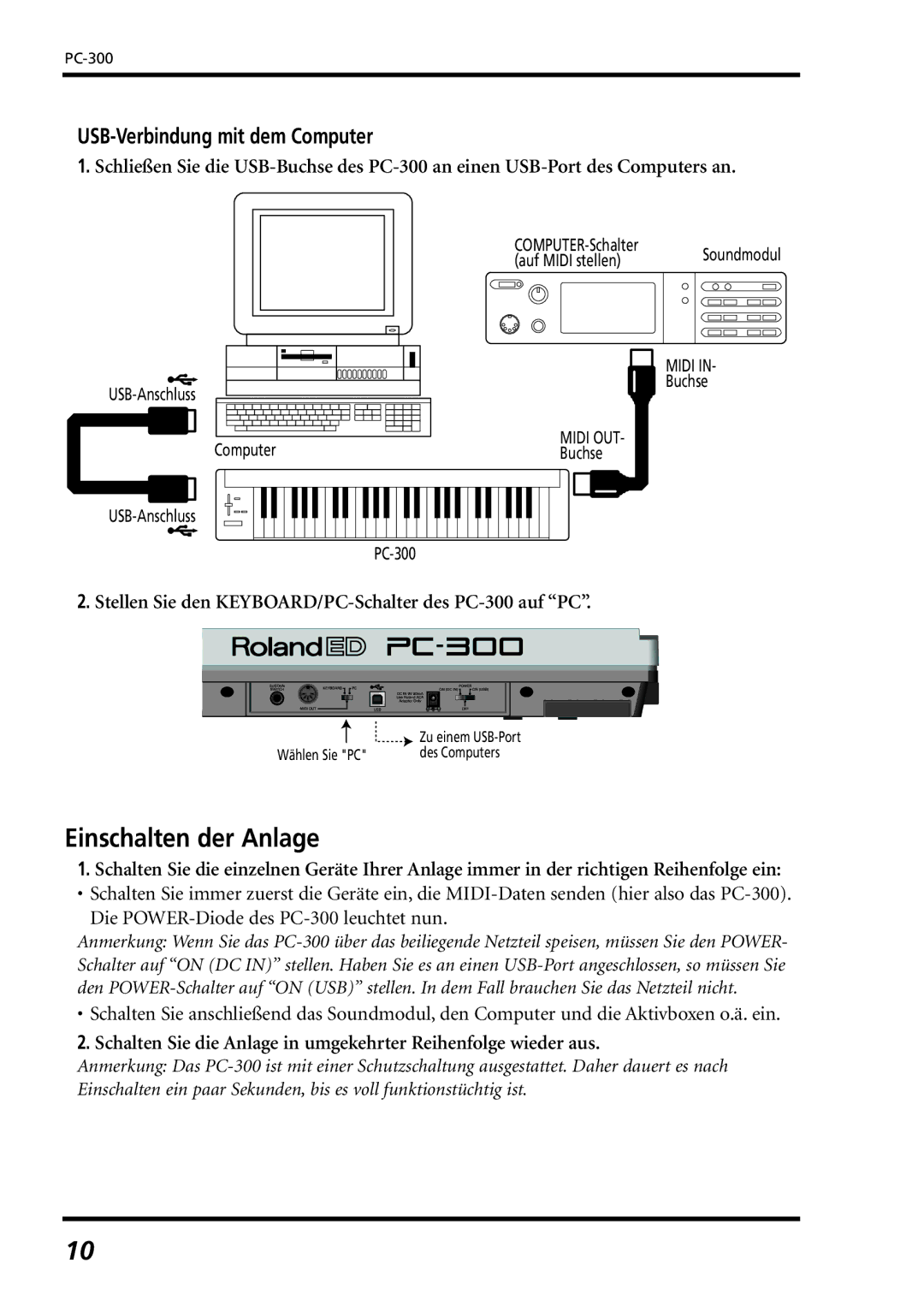 Roland PC-300 owner manual Einschalten der Anlage, USB-Verbindung mit dem Computer 