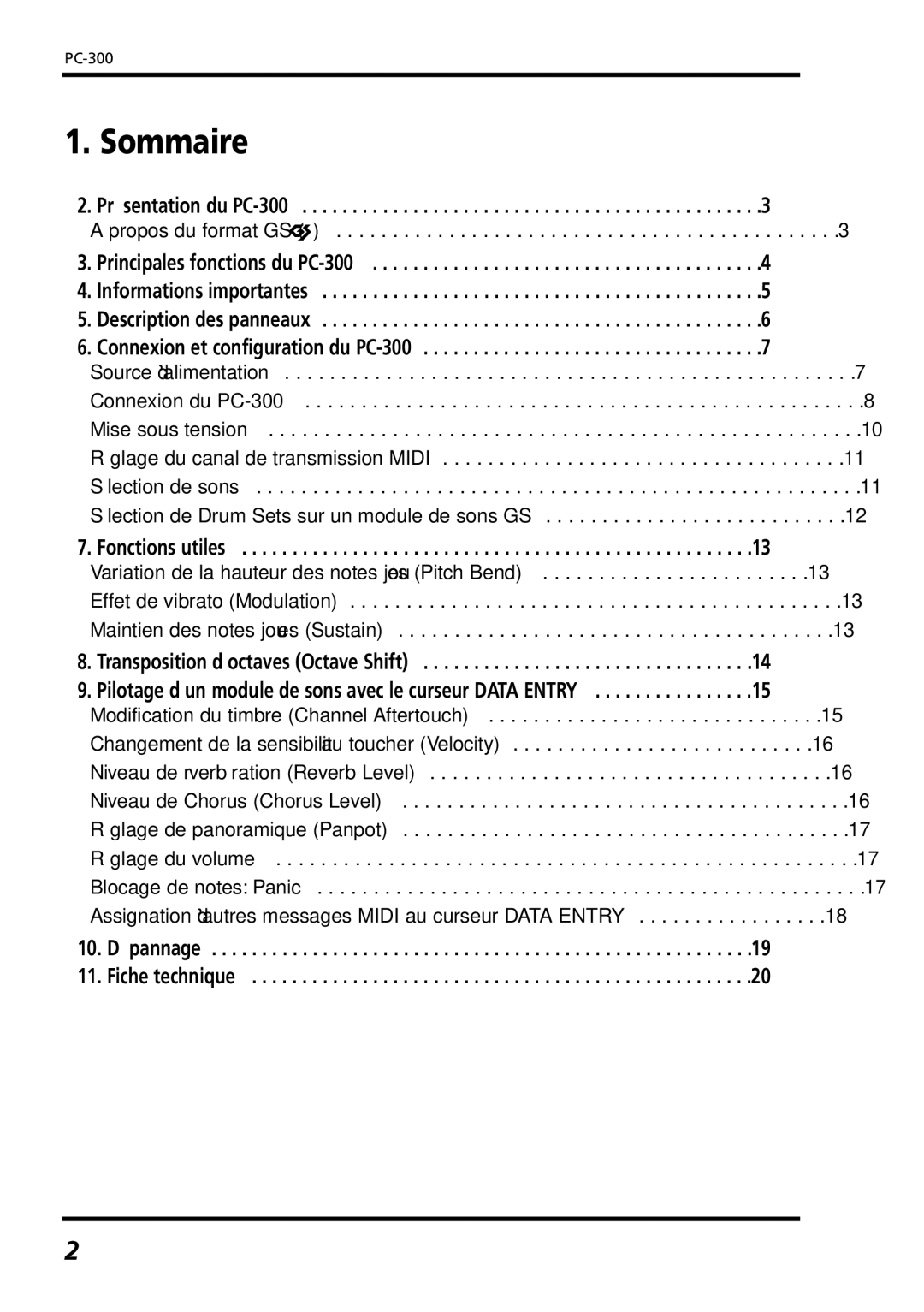 Roland owner manual Sommaire, Présentation du PC-300, Fonctions utiles, 10. Dépannage Fiche technique 