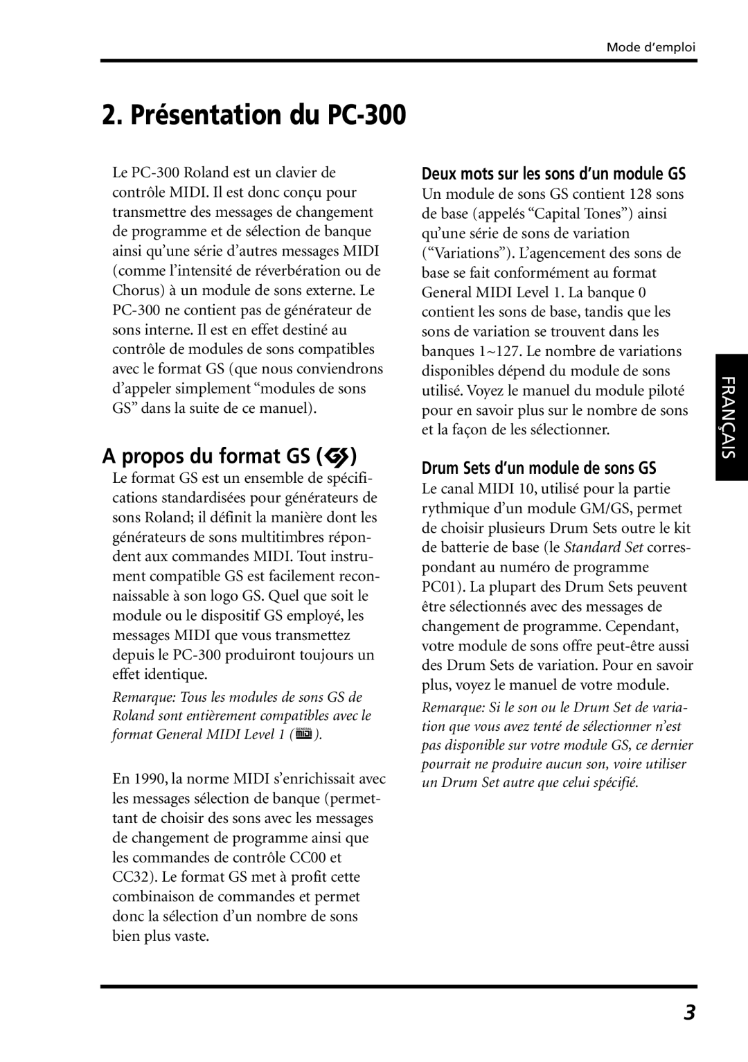 Roland owner manual Présentation du PC-300, Propos du format GS g, Drum Sets d’un module de sons GS 