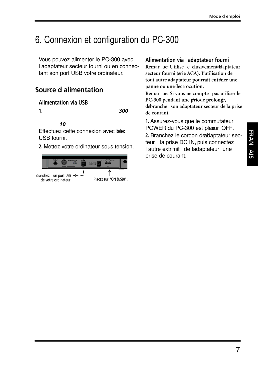 Roland owner manual Connexion et configuration du PC-300, Source d’alimentation, Alimentation via USB 