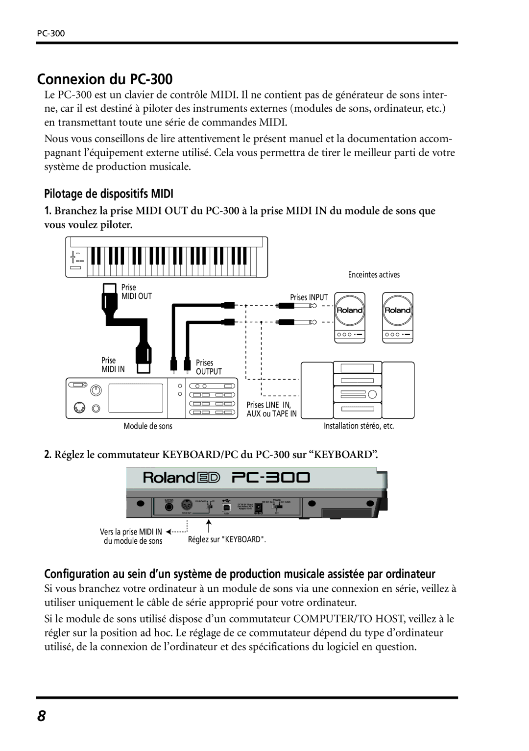 Roland owner manual Connexion du PC-300, Pilotage de dispositifs Midi 