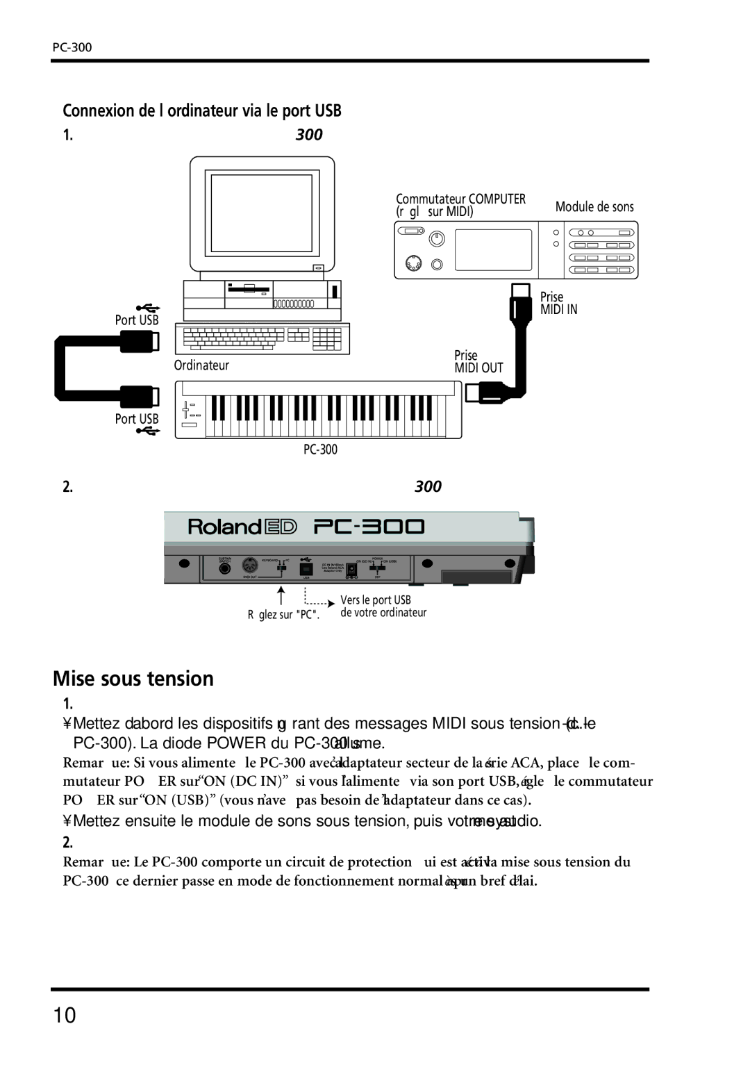 Roland PC-300 owner manual Mise sous tension, Connexion de l’ordinateur via le port USB 