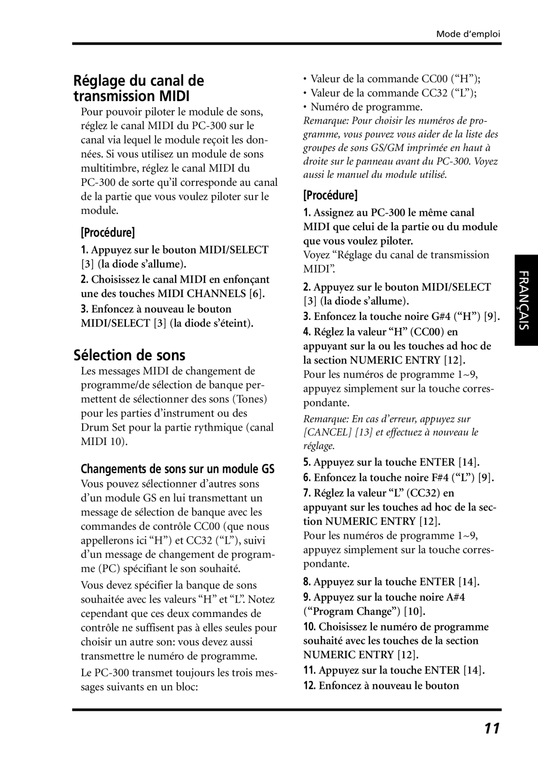 Roland PC-300 owner manual Sélection de sons, Procédure, Changements de sons sur un module GS 