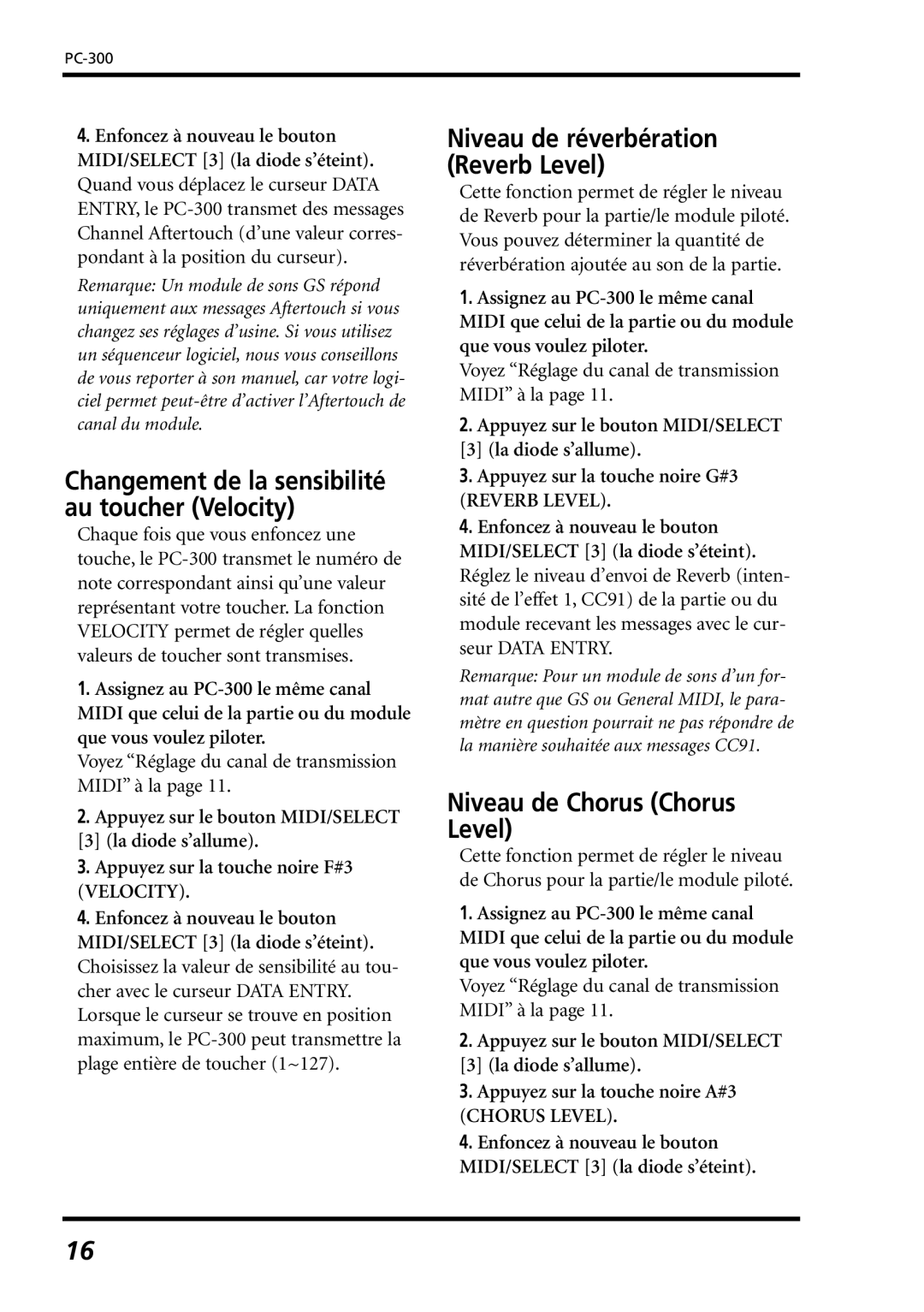 Roland PC-300 owner manual Niveau de Chorus Chorus Level, Changement de la sensibilité au toucher Velocity 