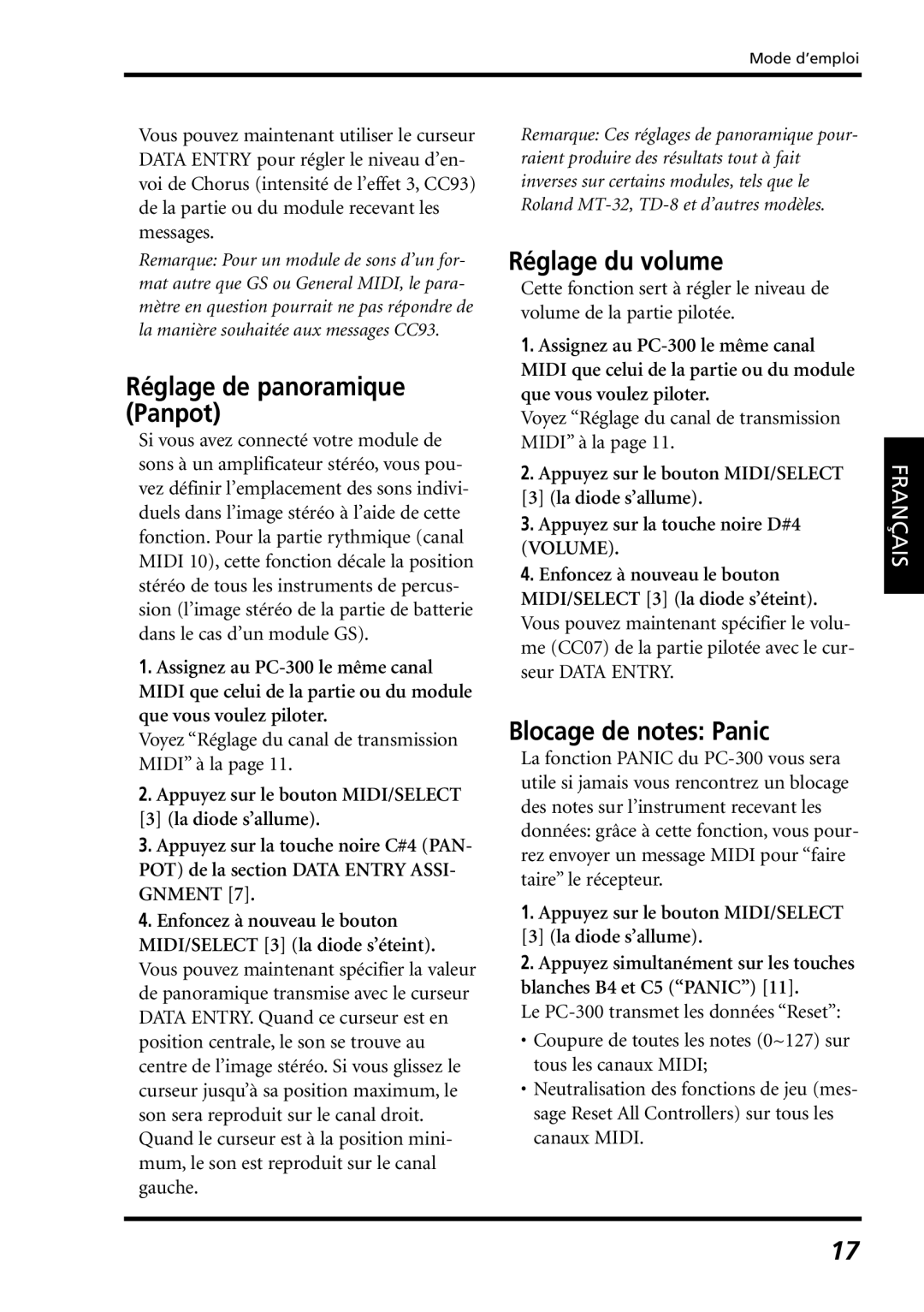 Roland PC-300 owner manual Réglage de panoramique Panpot, Réglage du volume, Blocage de notes Panic 