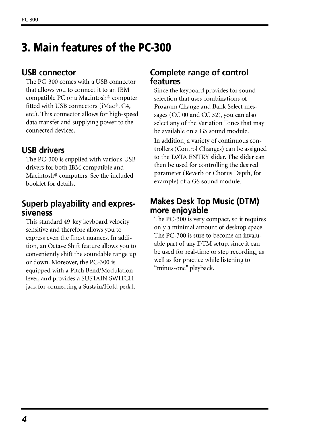 Roland owner manual Main features of the PC-300 