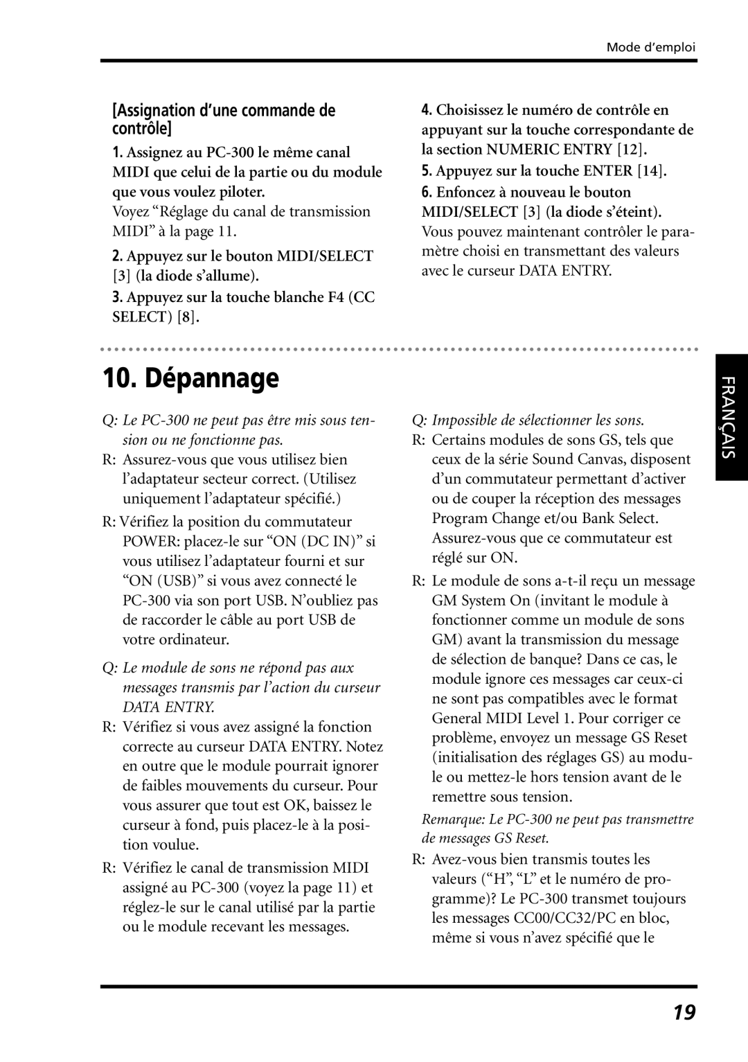 Roland PC-300 owner manual 10. Dépannage, Assignation d’une commande de contrôle, Impossible de sélectionner les sons 