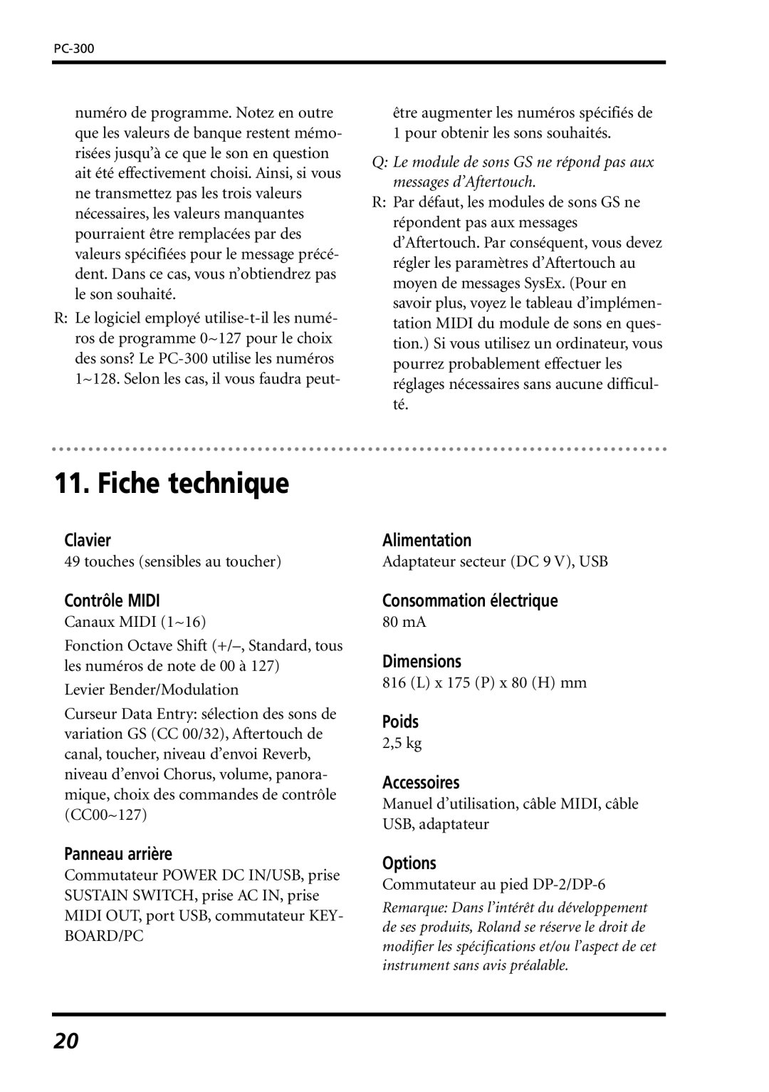 Roland PC-300 owner manual Fiche technique 