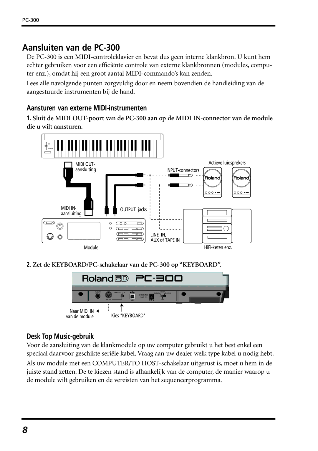 Roland owner manual Aansluiten van de PC-300, Aansturen van externe MIDI-instrumenten, Desk Top Music-gebruik 