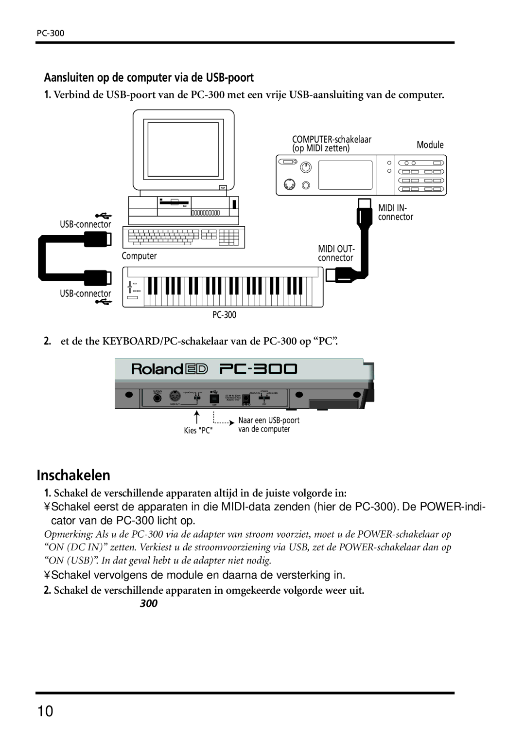 Roland PC-300 owner manual Inschakelen, Aansluiten op de computer via de USB-poort 