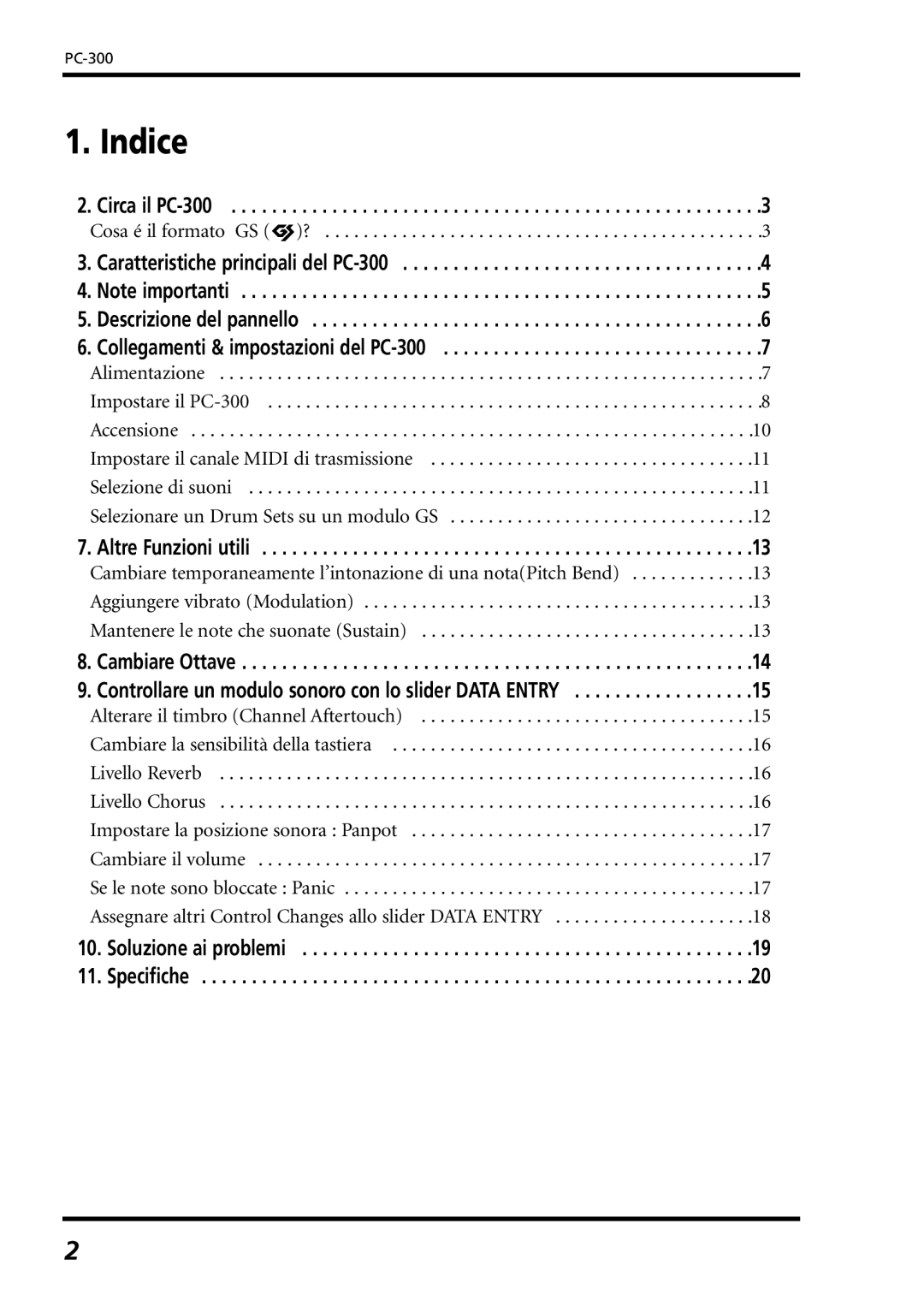 Roland owner manual Indice, Circa il PC-300, Altre Funzioni utili, Specifiche 