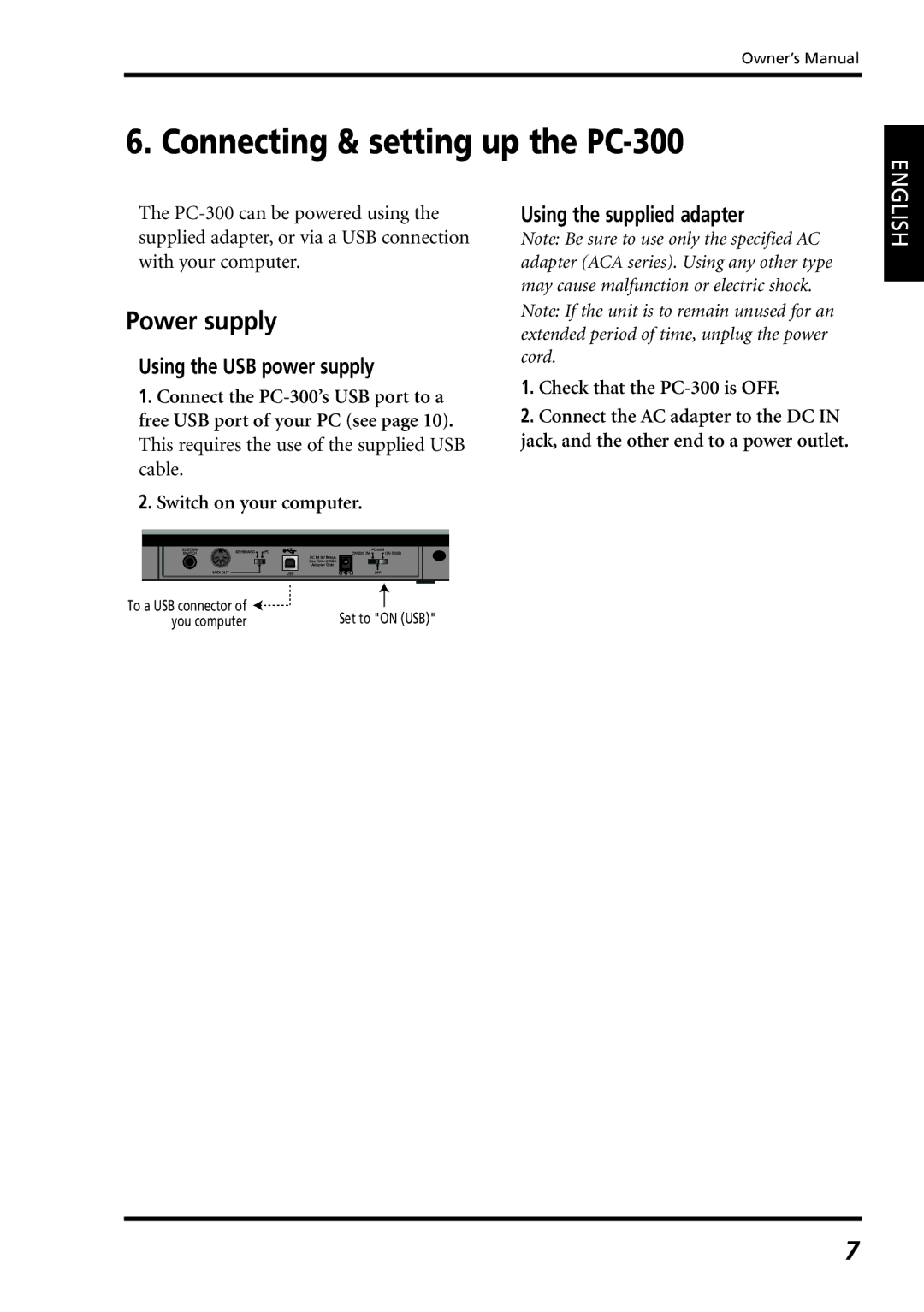 Roland Connecting & setting up the PC-300, Power supply, Using the USB power supply, Using the supplied adapter 