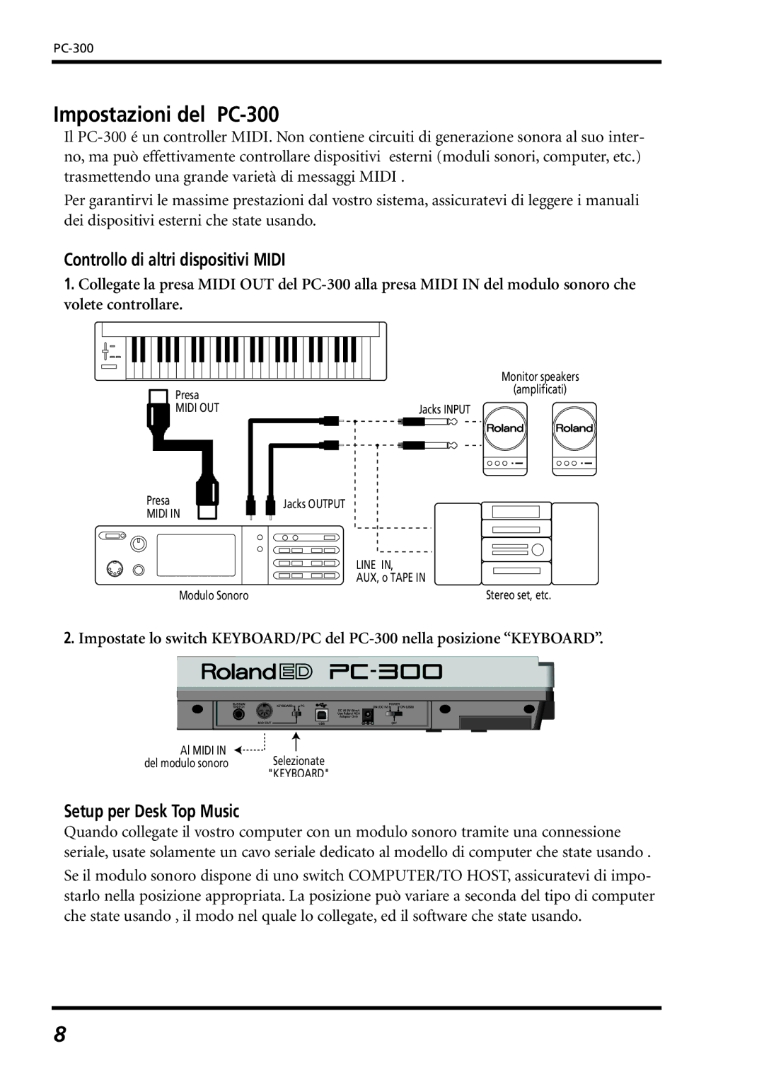 Roland owner manual Impostazioni del PC-300, Controllo di altri dispositivi Midi, Setup per Desk Top Music 