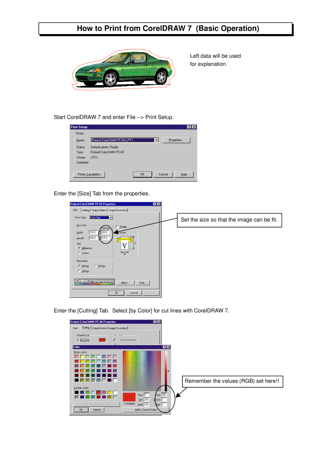 Roland PC-60 manual How to Print from CorelDRAW 7 Basic Operation 