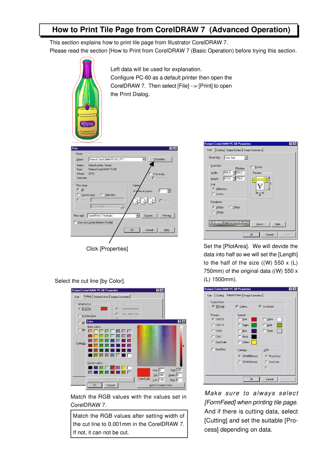 Roland PC-60 manual How to Print Tile Page from CorelDRAW 7 Advanced Operation 