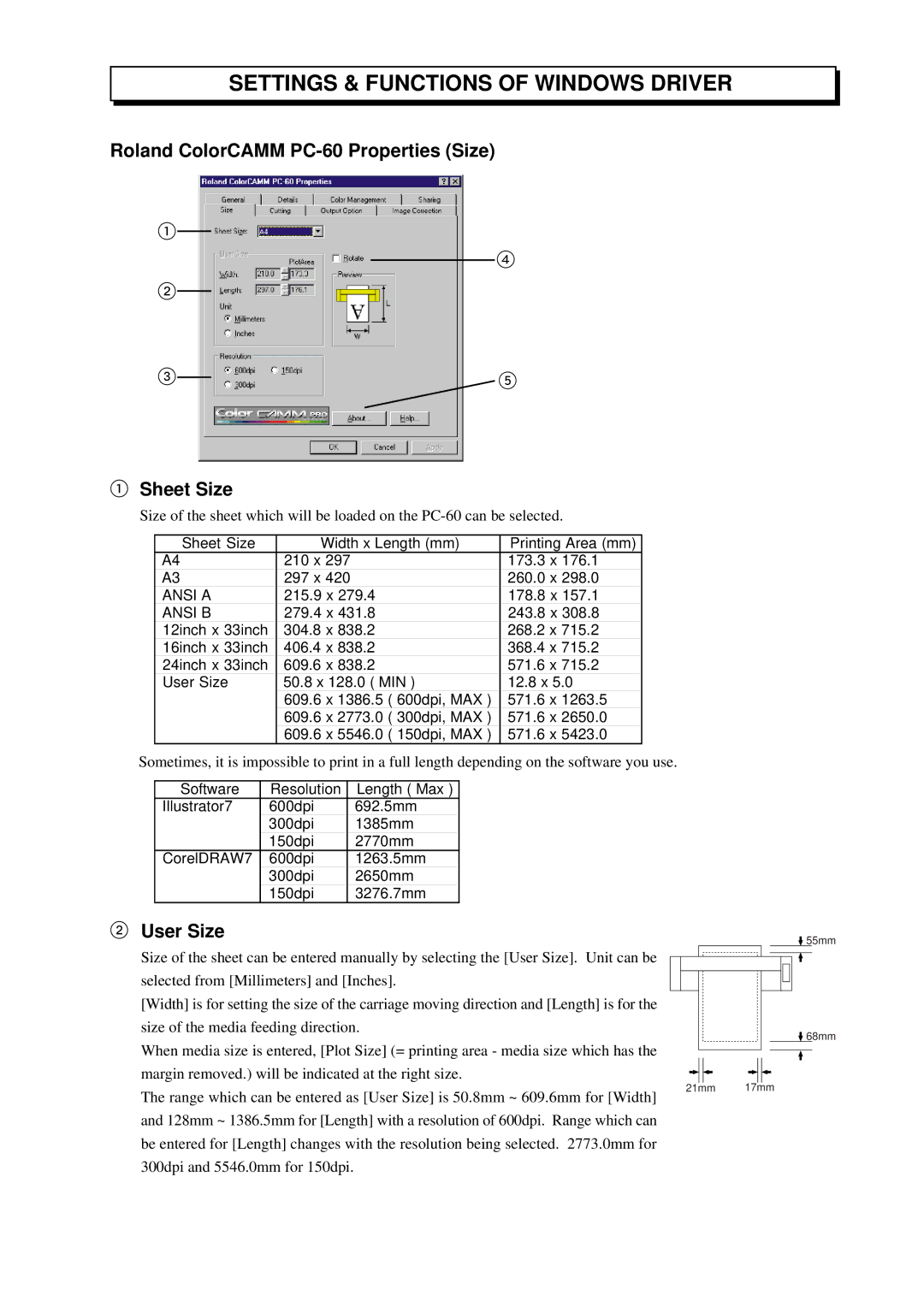 Roland manual Roland ColorCAMM PC-60 Properties Size Sheet Size, User Size 