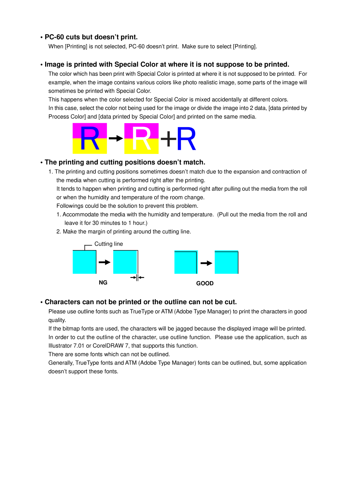 Roland manual PC-60 cuts but doesn’t print, Printing and cutting positions doesn’t match 