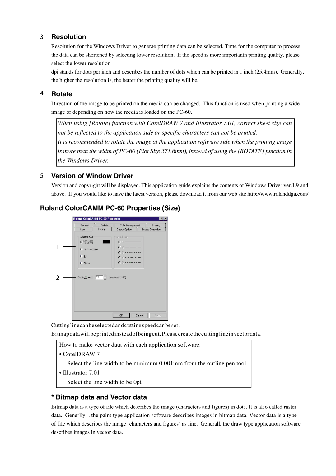 Roland PC-60 manual Resolution, Rotate, Bitmap data and Vector data 