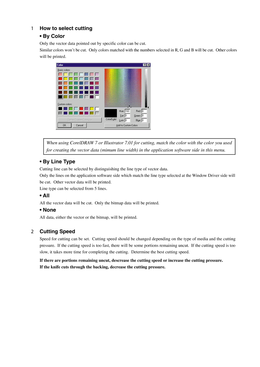 Roland PC-60 manual How to select cutting By Color, By Line Type, All, None, Cutting Speed 