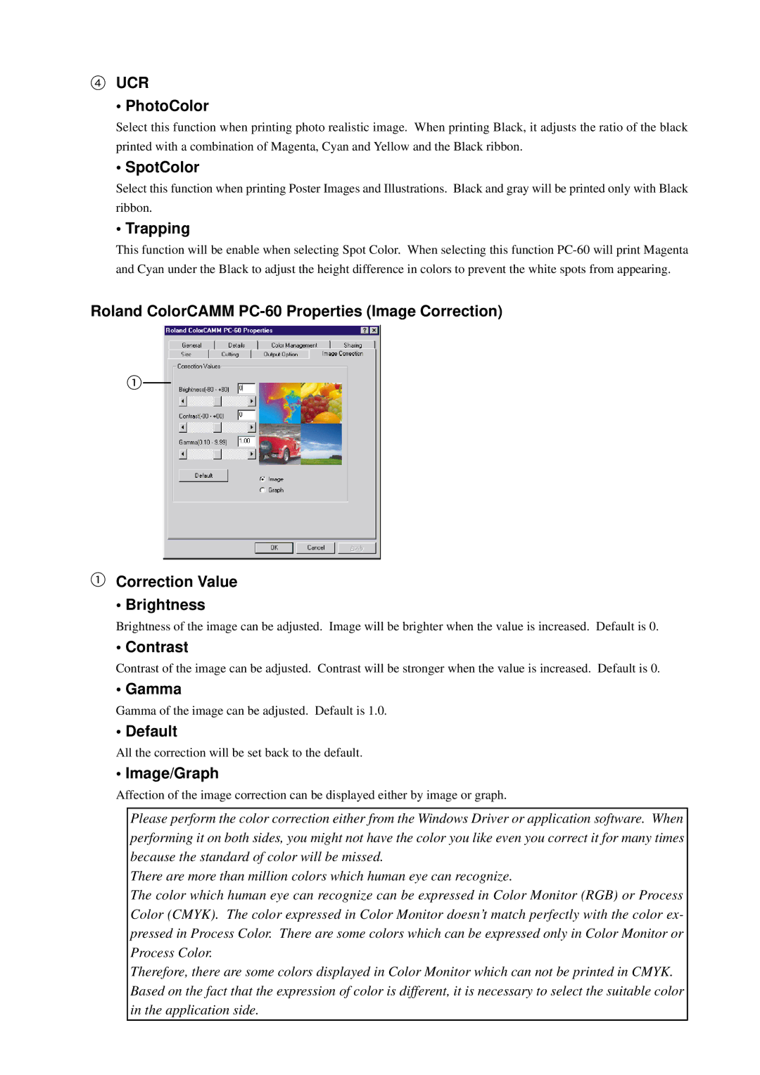 Roland PC-60 manual PhotoColor, SpotColor, Trapping, Contrast, Gamma, Default, Image/Graph 